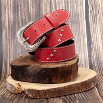 Cinto Feminino Country Barretos Em Couro Fivela Prateada Com Rebites