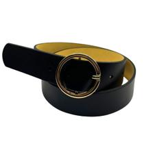 Cinto Feminino de Couro Legítimo Preto 3 cm de Largura Fivela Dourada Redonda Moda Acessórios Presente Cinto Feminino de Couro Legítimo Preto 3 cm de Largura Fivela Dourada Redonda Moda Acessórios Presente