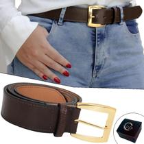 Cinto Feminino de Couro Marrom Sofisticado Fivela Banhada a Ouro