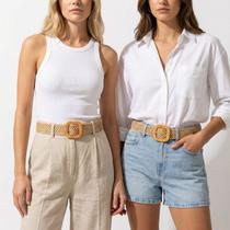 Cinto Feminino de Palha Fivela Casual Trançado Artesanal Leve Confortável Versátil Praia Verão Cor:Bege EscuroTamanho:M
