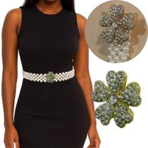 Cinto Feminino de Pérolas Luxo 110cm Ajustável com Flor Cravejada Dourada Elegante Cinto Feminino de Pérolas Luxo 110cm Ajustável com Flor Cravejada Dourada Elegante
