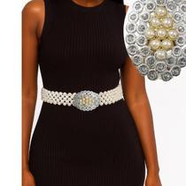 Cinto Feminino de Pérolas Luxo com Fivela Oval em Strass Elegante, Brilhante, Ajustável 110 cm