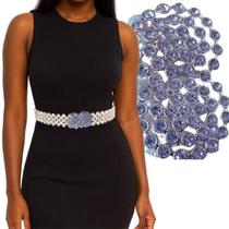 Cinto Feminino de Pérolas Luxo com Strass Brilhante Elegante, Ajustável, Prata ou Dourado 110 cm