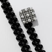 Cinto Feminino de Pérolas Preto Luxo com Fivela de Strass Ajustável, Elegante e Sofisticado