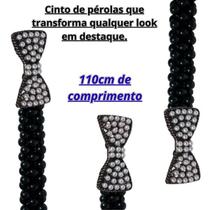 Cinto Feminino de Pérolas Preto Luxo com Laço em Strass Ajustável, Elegante e Sofisticado Cinto Feminino de Pérolas Preto Luxo com Laço em Strass Ajustável, Elegante e Sofisticado