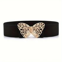 Cinto Feminino Elegante com Fivela Borboleta Dourada - Cinto Elástico Largo para Casaco e Suéter