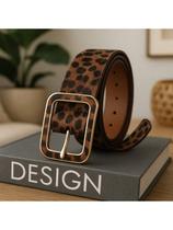 Cinto Feminino Onça Animal Print Fivela Em Metal Retangular