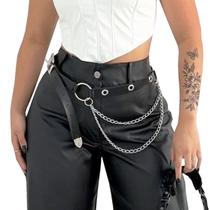 Cinto Feminino Punk Rock com Ilhós e Corrente Dupla - 126 cm