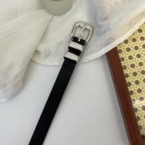 Cinto Fino Feminino Preto - Estilo Coreano, Fivela de Prata e Detalhe em Metal