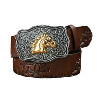 Cinto Masculino de Couro Cowboy Ocidental - Fivela Gravada com Padrão Floral e de Cavalo