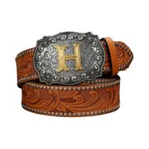 Cinto Masculino de Couro PU - Estilo Cowboy Ocidental com Detalhes em Touro e Flores