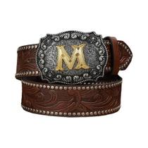Cinto Masculino de Couro PU - Estilo Cowboy Ocidental com Detalhes em Touro e Flores
