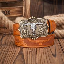 Cinto Masculino de Couro PU - Estilo Cowboy Ocidental com Detalhes Florais e Touro