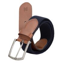 Cinto Masculino em semi elástico na cor marinho com ponteiras em couro conhaque