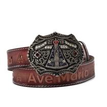 Cinto Religioso Feminino Fivela Decorada Couro Sola Nossa Senhora e Ave Maria