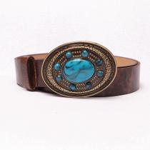 Cinto Sapato da Corte Couro Fivela Redonda Com Pedras