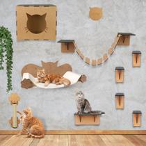 Circuito Suspenso Para Gatos 9 Peças Playground Gato Rede Nicho Degrau Mdf