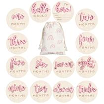 Círculos de madeira Monthly Milestone Burbell Hello World Pink