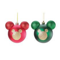 Cj 02 bolas mickey natalina c/glitter verm verde 10cm disney