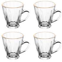 Cj 04 Xícaras P/ Café de Vidro Fio de Ouro Radial 160ml - Lyor