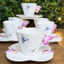 Cj 06 Xícaras Café C/ Pires em Porcelana Borboletas 100ml - Wolff Cj 06 Xícaras Café C/ Pires em Porcelana Borboletas 100ml - Wolff