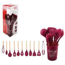 CJ 12 Pçs Utensilios Silicone Vermelho Com Cabo Madeira