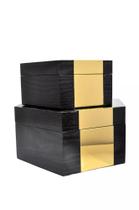Cj 2 caixas de madeira e metal preto e dourado decorativas