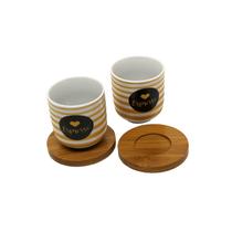 Cj.2 Copos de Porcelana c/Pires de Bambu Sortidos 110ml