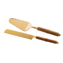 Cj 2 Peças Para Bolo Aço Inox c/ Cabo Bambu Dourado Wolff