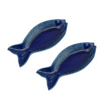 Cj 2 Travessas de Cerâmica Decorativa Peixe Ocean Azul 28x13cm Bon Gourmet
