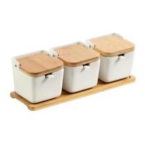 Cj 3 Cachepos Ceramica Com Tampa De Bambu 30x10cm