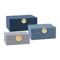 Cj 3 Caixas de Tecido Azul e Cinza Com Puxador Dourado