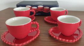 Cj 4 Xícaras Café Pires Coração Beads Vermelho 80ml Cj 4 Xícaras Café Pires Coração Beads Vermelho 80ml