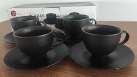 Cj 4 Xícaras Chá Com Pires Cerâmica Preto Bon Gourmet 195ml - Rojemac