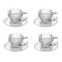 Cj 4 Xícaras P/Café C/Pires de Cristal Canelado Imperatriz Transparente C/Fio Dourado 110ml Wolff