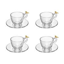 Cj 4 Xícaras P/Café C/Pires de Vidro Golden Bird Transparente 80ml Wolff