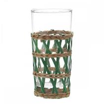 Cj 6 Copos de Vidro e Rattan Bege e Verde