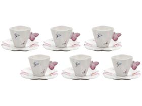 Cj 6 Xícaras Café Porcelana c/ Pires Borboletas 100ml Wolff