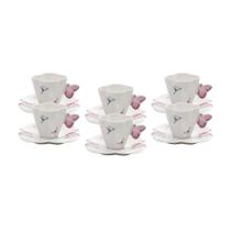 CJ 6 XICARAS CAFE PORCELANA C/PIRES BORBOLETAS BRANCO 100ml