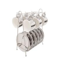 CJ 6 XICARAS CAFE PORCELANA C/PIRES E SUPORTE VERSA BRANCO/PRATA 90ml CJ 6 XICARAS CAFE PORCELANA C/PIRES E SUPORTE VERSA BRANCO/PRATA 90ml