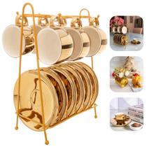 Cj 6 Xicaras Cafe Porcelana Com Pires E Suporte Versa Branco e Dourado Luxo Wolff