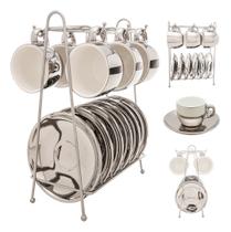 Cj 6 Xicaras Cafe Porcelana Pires Suporte Branco/prata Wolff Cor Prateado Com Branco Cj 6 Xicaras Cafe Porcelana Pires Suporte Branco/prata Wolff Cor Prateado Com Branco