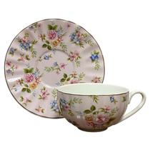 Cj. 6 Xícaras Chá c/ Pires em Porcelana Floral Rosa 220ml