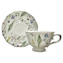 Cj. 6 Xícaras Chá c/ Pires em Porcelana Folhagens 220ml
