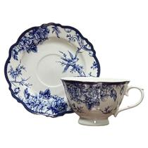 Cj. 6 Xícaras Chá c/ Pires em Porcelana Folhas e Pássaros Azul 220ml