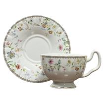 Cj. 6 Xícaras Chá c/ Pires em Porcelana Jardim 2 Borda Ouro - 220ml