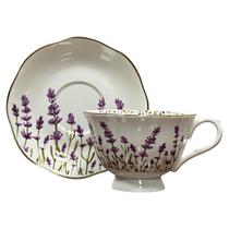Cj. 6 Xícaras Chá c/ Pires em Porcelana Lavanda Borda Ouro 220ml