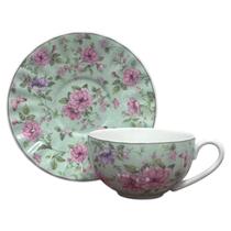 Cj. 6 Xícaras Chá c/ Pires Floral em Porcelana Verde 220ml