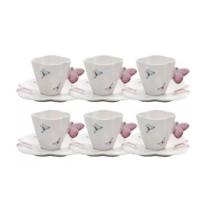 Cj 6 Xícaras Chá C/ Pires Porcelana Borboletas 200ml - Wolff