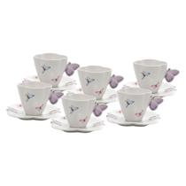 CJ 6 XICARAS CHA PORCELANA C/PIRES BORBOLETAS BRANCO 200ml